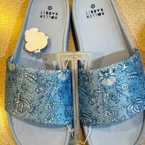 New Target x Roller Rabbit Slide Sandals Blue Floral Vines Adult Men Sz 11-12